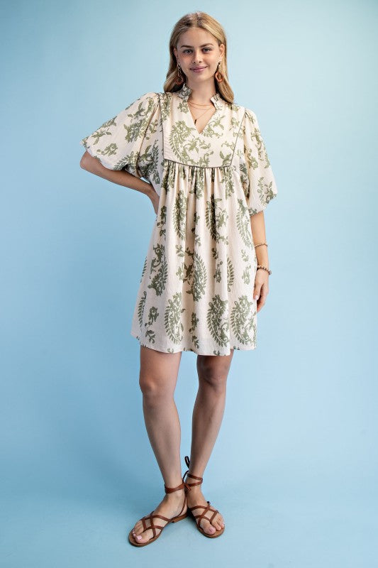 Patty Printed Babydoll Mini Dress ~ Sage