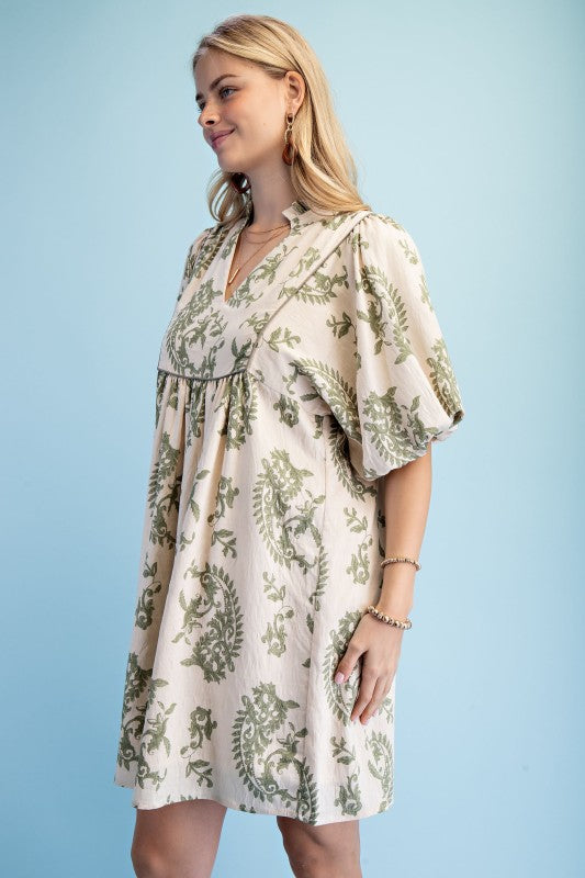 Patty Printed Babydoll Mini Dress ~ Sage