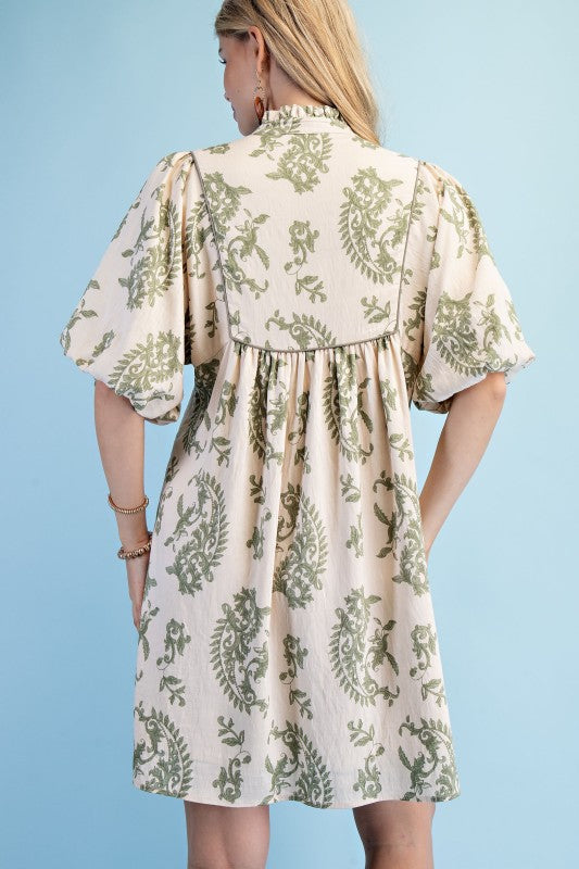 Patty Printed Babydoll Mini Dress ~ Sage