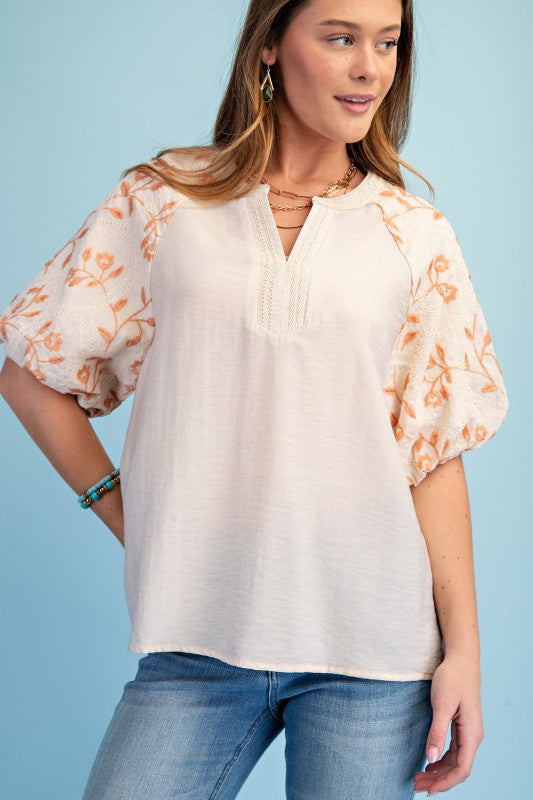 Shayla Embroidered Puff Sleeve Top ~ Pale Peach