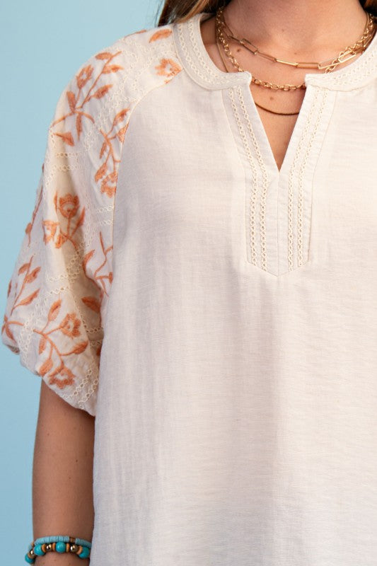 Shayla Embroidered Puff Sleeve Top ~ Pale Peach