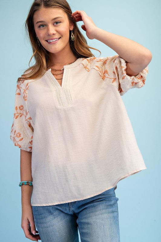 Shayla Embroidered Puff Sleeve Top ~ Pale Peach