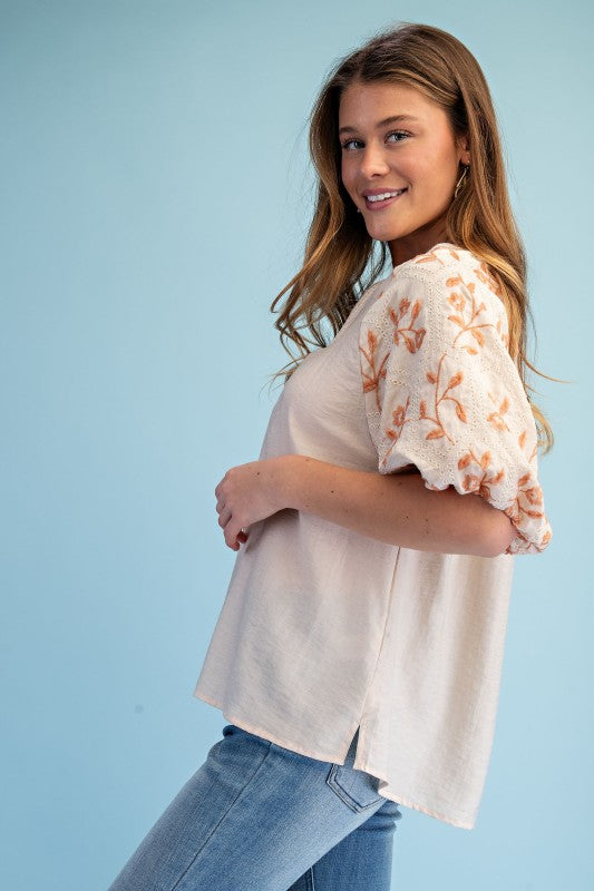 Shayla Embroidered Puff Sleeve Top ~ Pale Peach