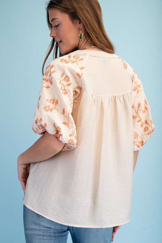 Shayla Embroidered Puff Sleeve Top ~ Pale Peach