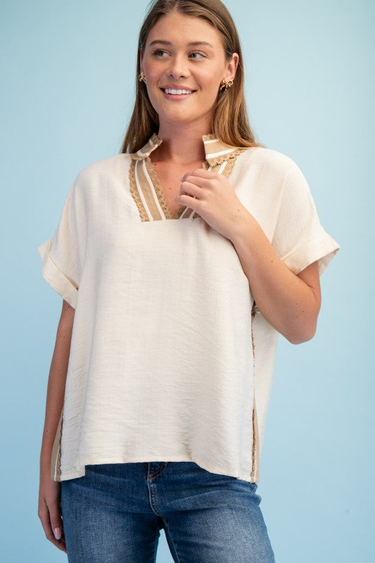 Saylor V Neck Lace Trim Striped Detail Top ~ Natural