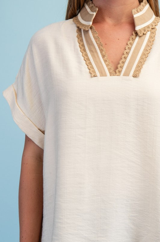 Saylor V Neck Lace Trim Striped Detail Top ~ Natural