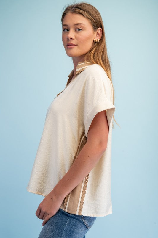 Saylor V Neck Lace Trim Striped Detail Top ~ Natural