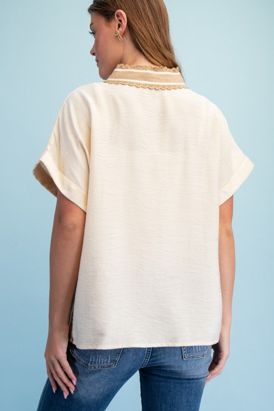 Saylor V Neck Lace Trim Striped Detail Top ~ Natural