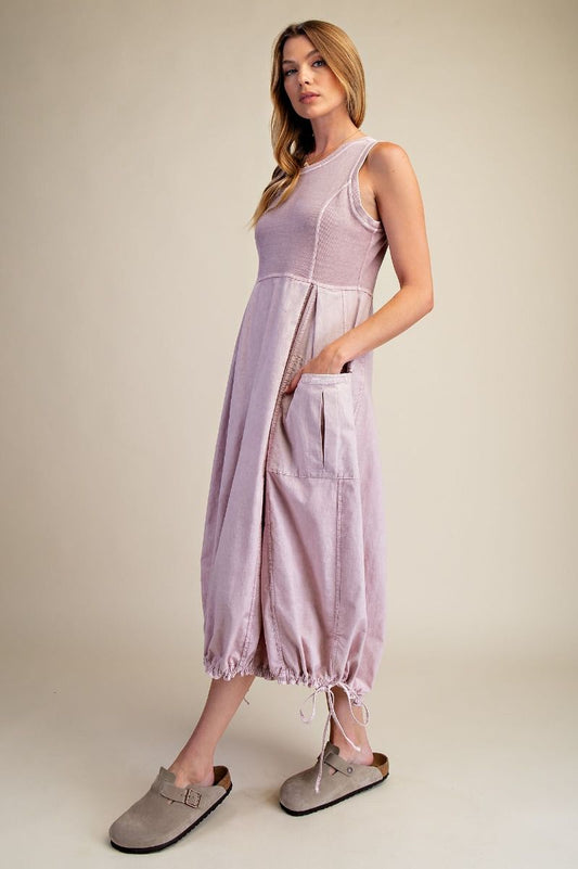 Mollie Mineral Washed Sleeveless Cargo Midi Dress ~ Mauve