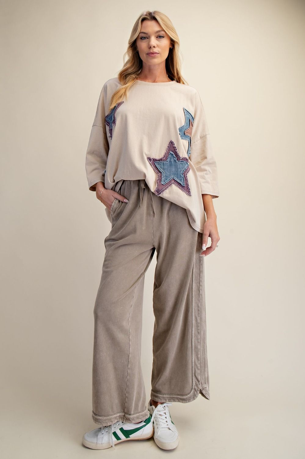 Shay Mineral Washed Star Patch Top ~ Khaki