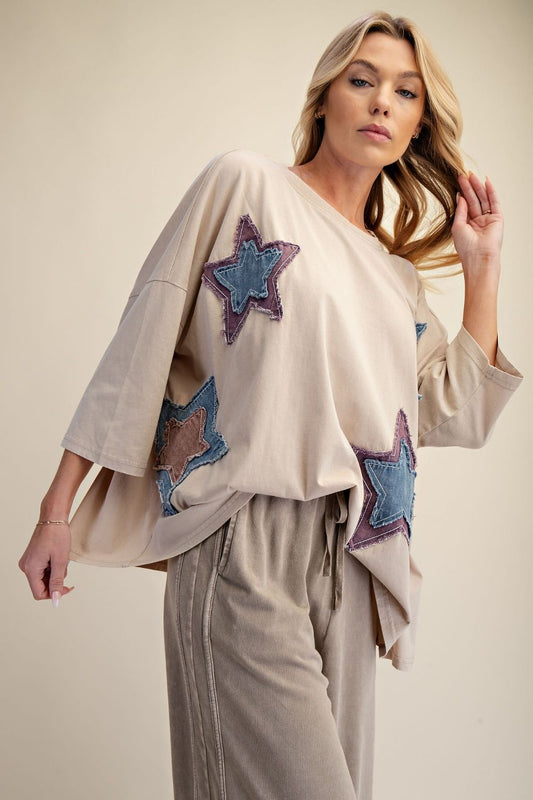 Shay Mineral Washed Star Patch Top ~ Khaki