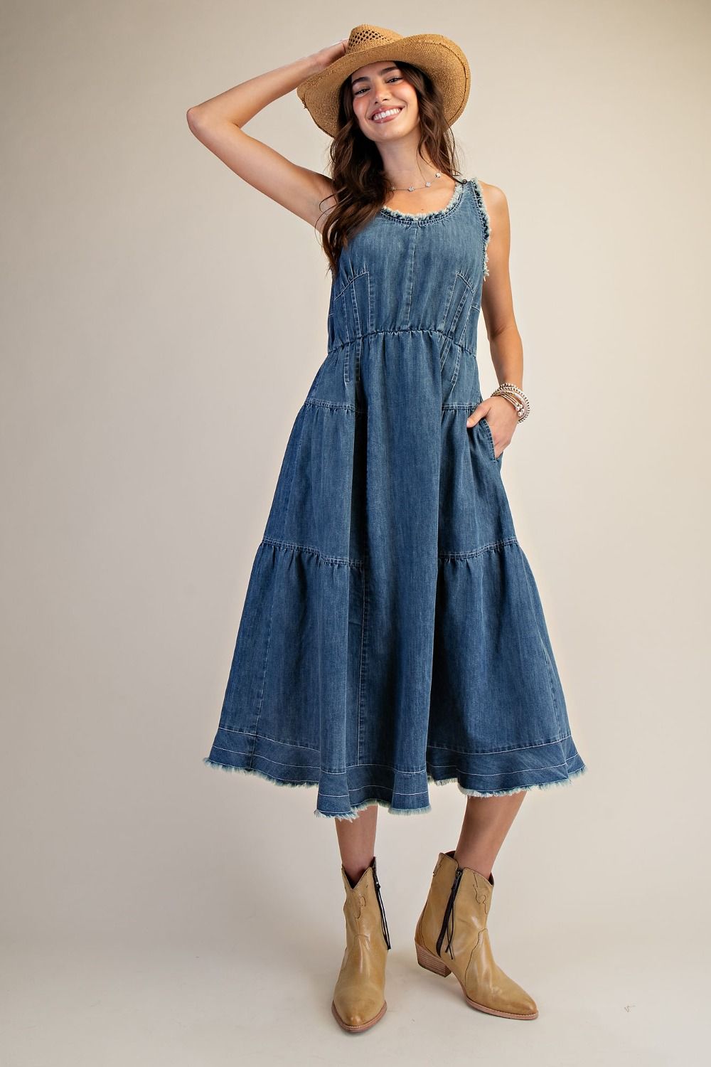 Whitley Washed Denim Tiered Midi Dress ~ Denim