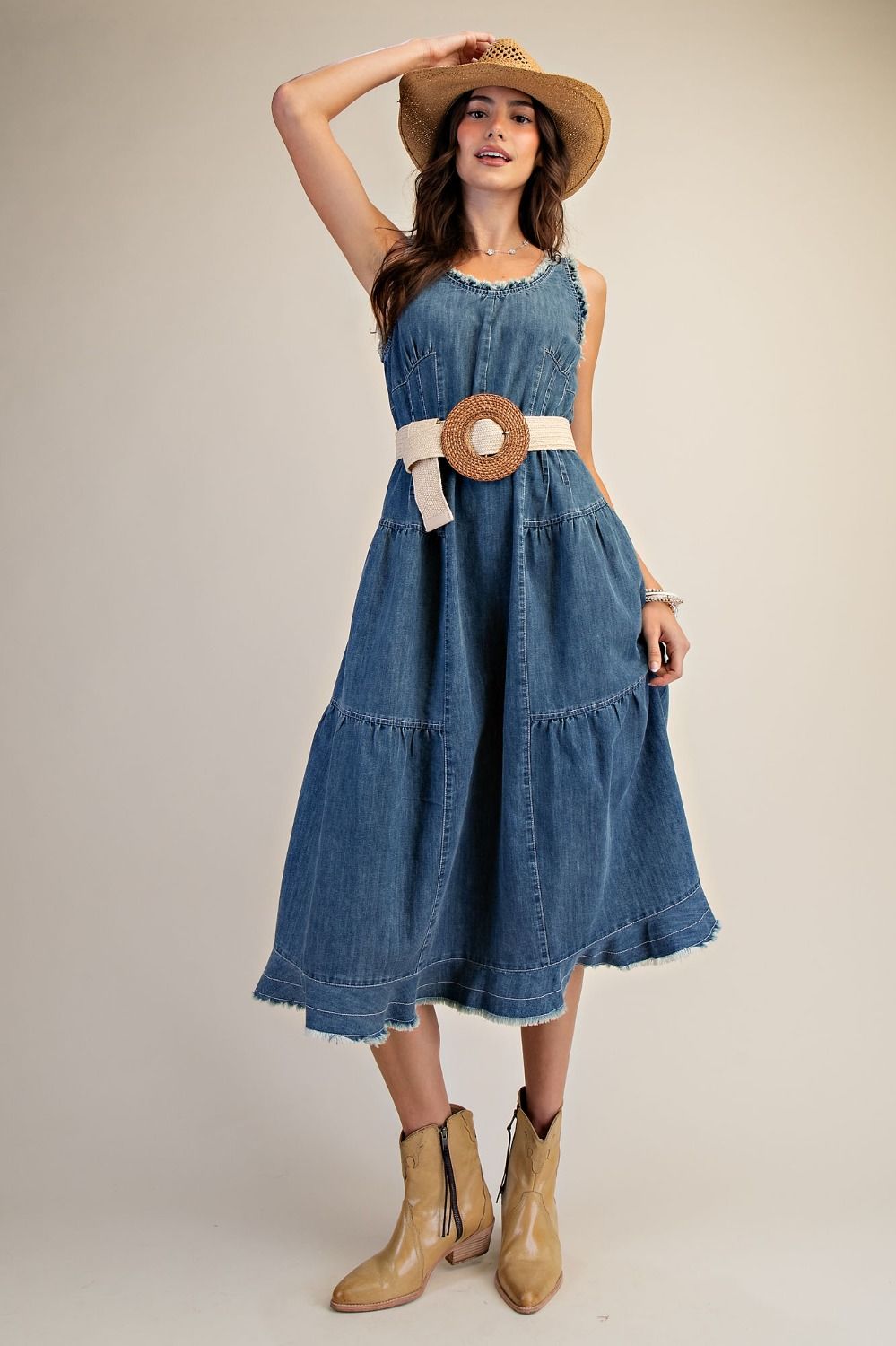 Whitley Washed Denim Tiered Midi Dress ~ Denim