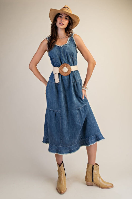 Whitley Washed Denim Tiered Midi Dress ~ Denim