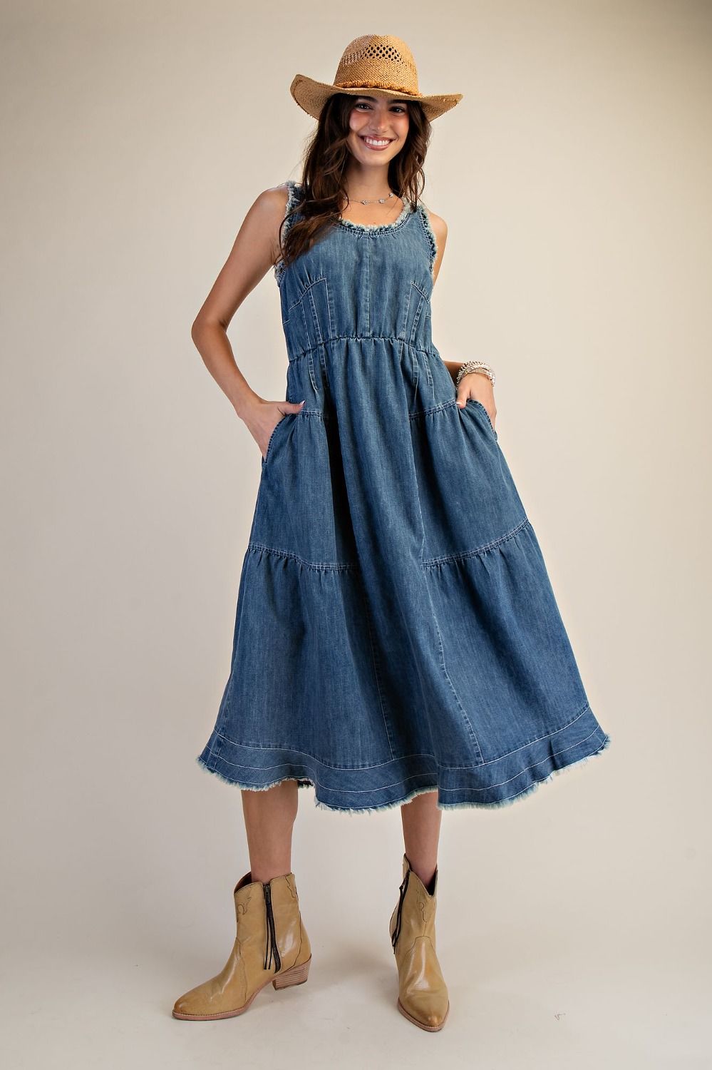 Whitley Washed Denim Tiered Midi Dress ~ Denim