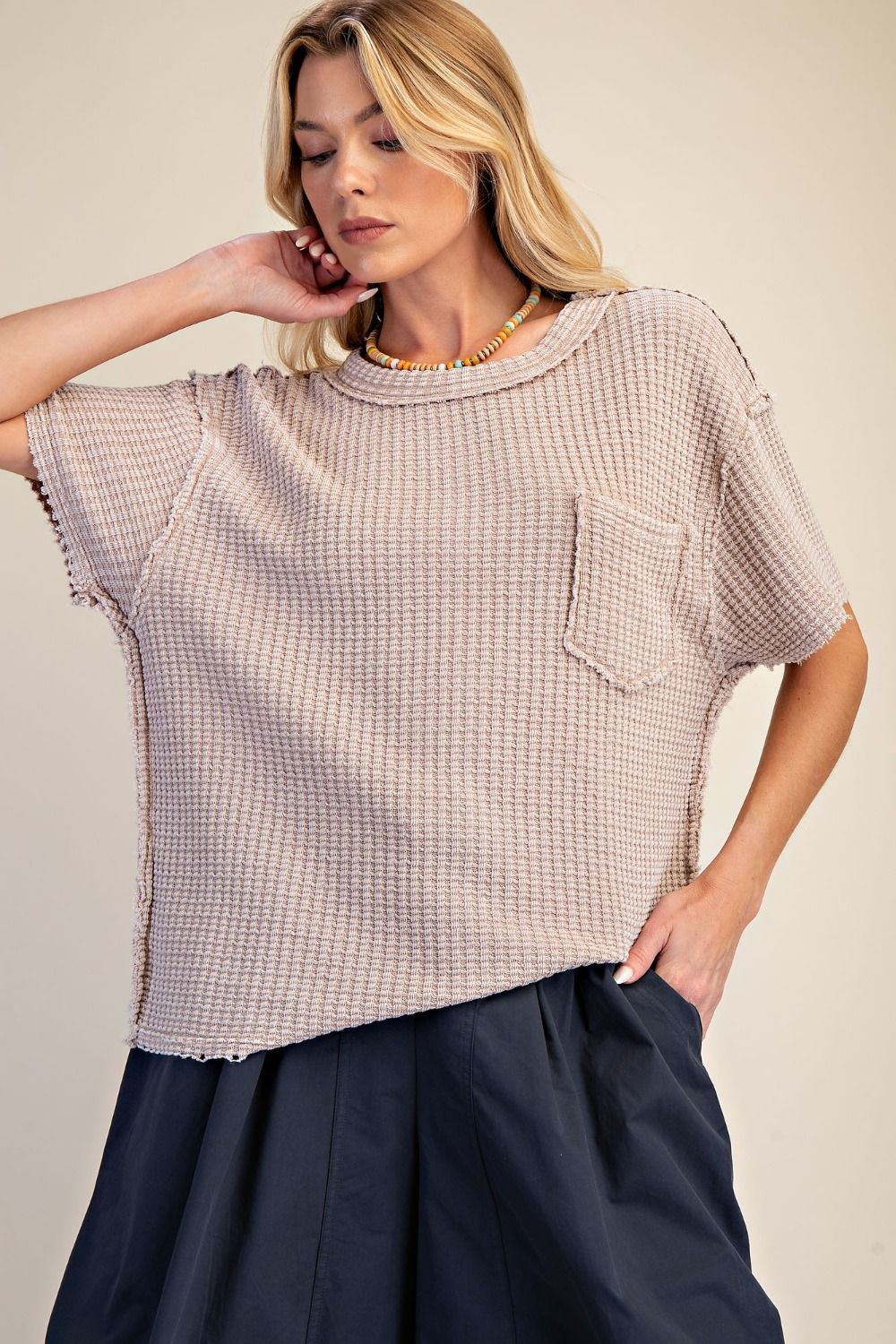 Pattie Pocket Washed Waffle Top ~ Mushroom