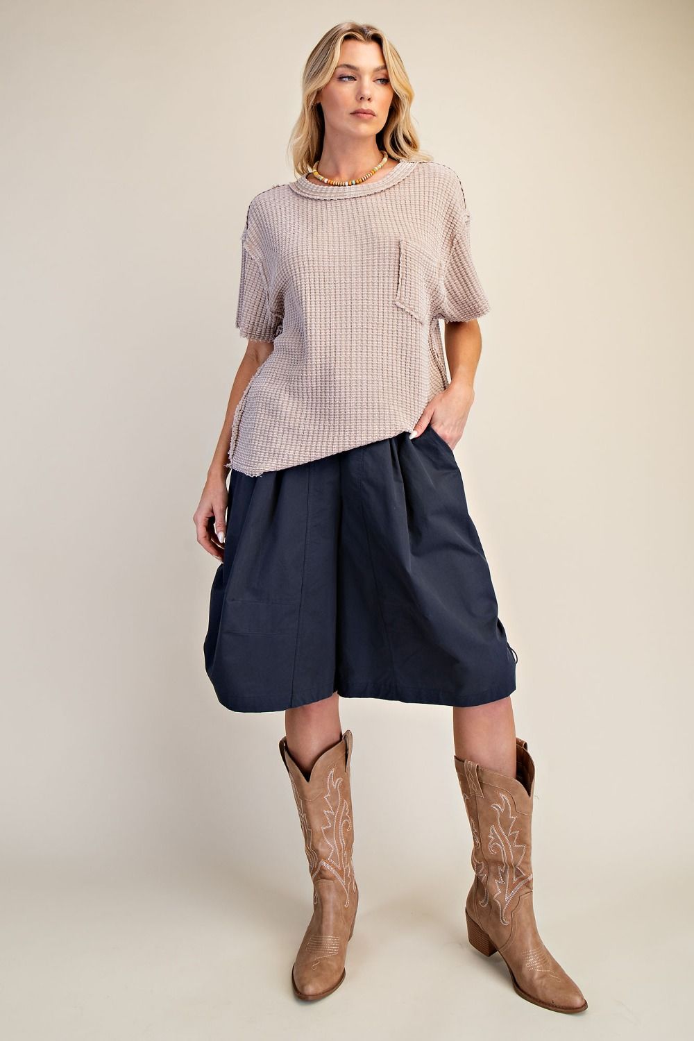 Pattie Pocket Washed Waffle Top ~ Mushroom