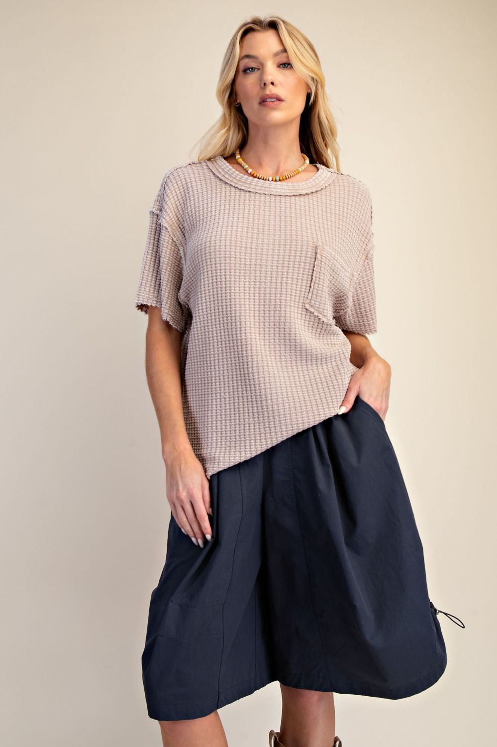 Pattie Pocket Washed Waffle Top ~ Mushroom