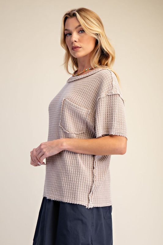 Pattie Pocket Washed Waffle Top ~ Mushroom