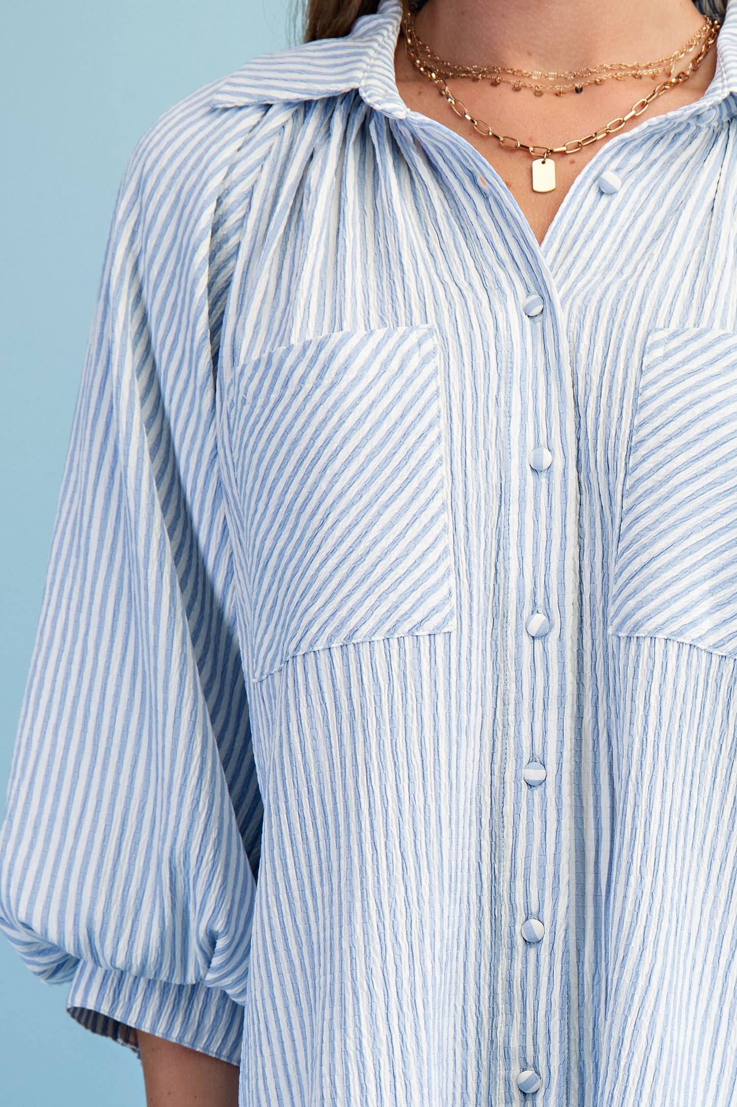 Sara Striped Balloon Sleeve Button Down Top ~ Light Blue