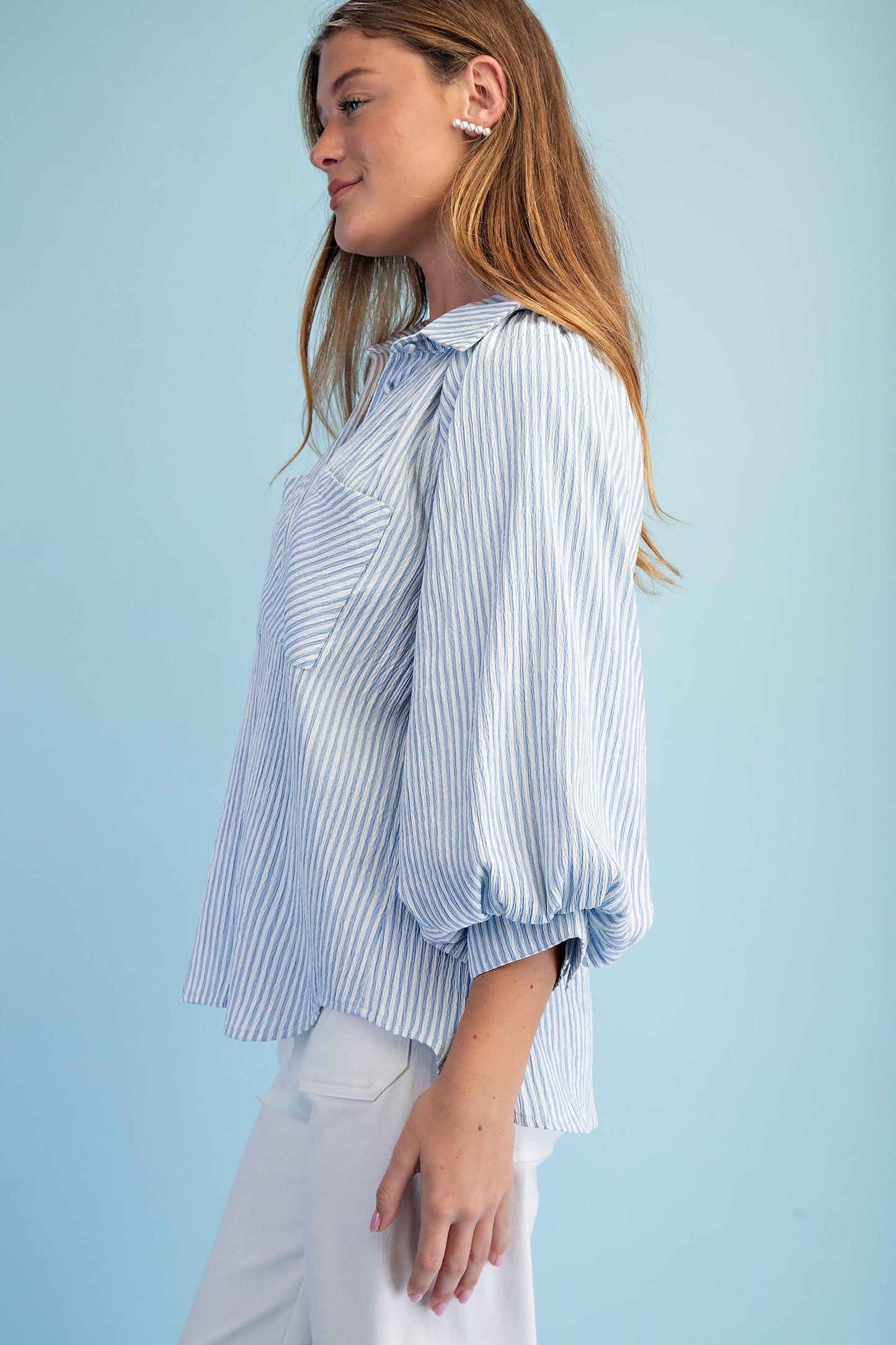 Sara Striped Balloon Sleeve Button Down Top ~ Light Blue
