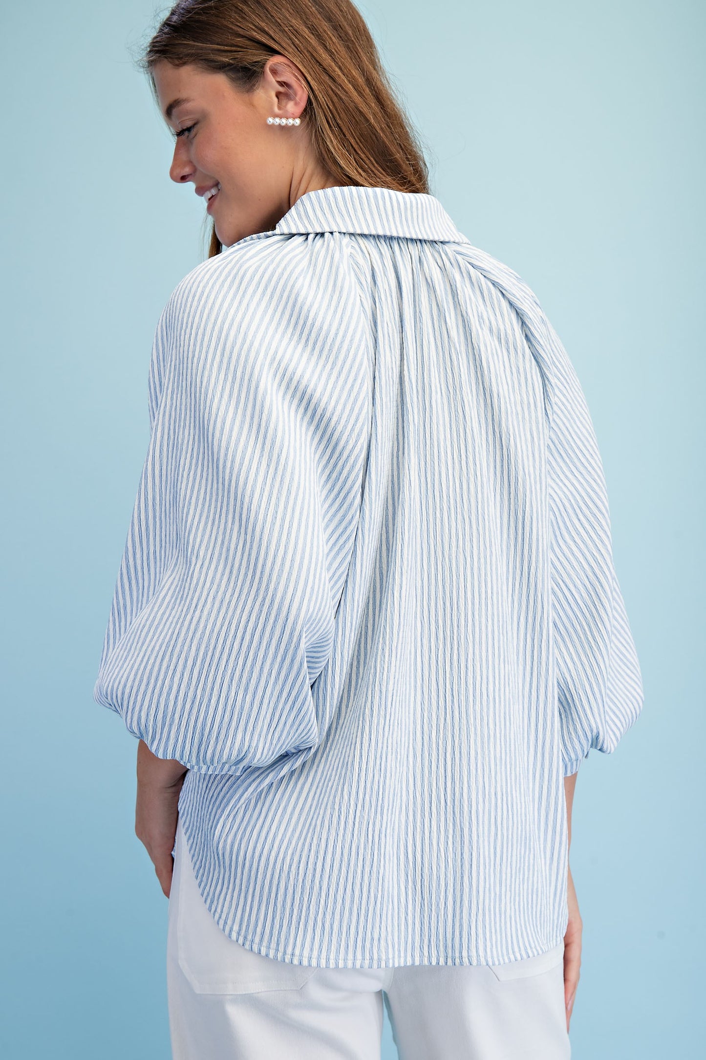 Sara Striped Balloon Sleeve Button Down Top ~ Light Blue