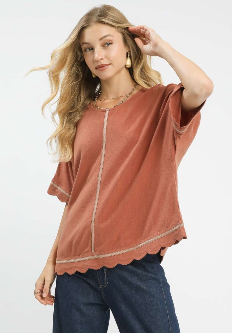 Lacie Linen Scallop Trim Top ~ Clay
