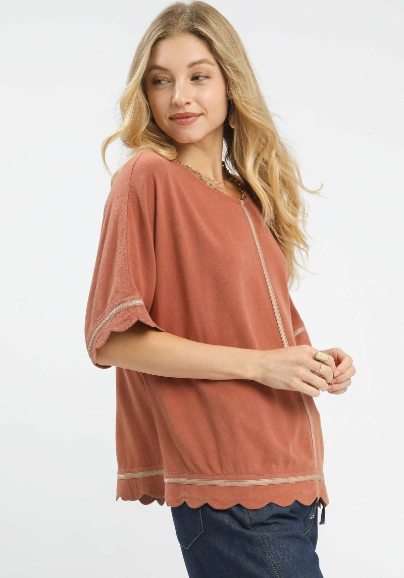 Lacie Linen Scallop Trim Top ~ Clay
