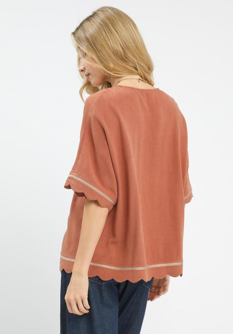 Lacie Linen Scallop Trim Top ~ Clay