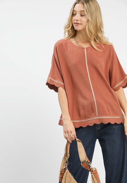 Lacie Linen Scallop Trim Top ~ Clay