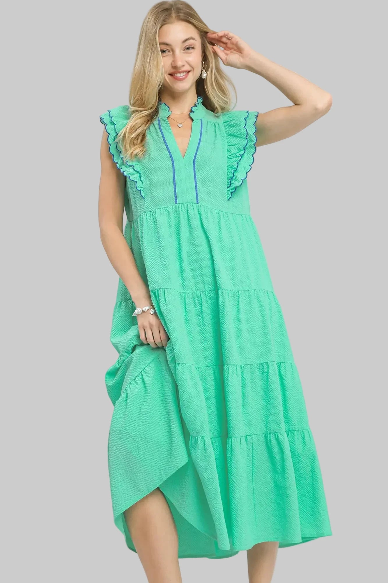 Sallie Seersucker Tiered Midi Dress ~ Mint