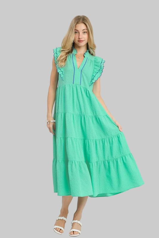 Sallie Seersucker Tiered Midi Dress ~ Mint