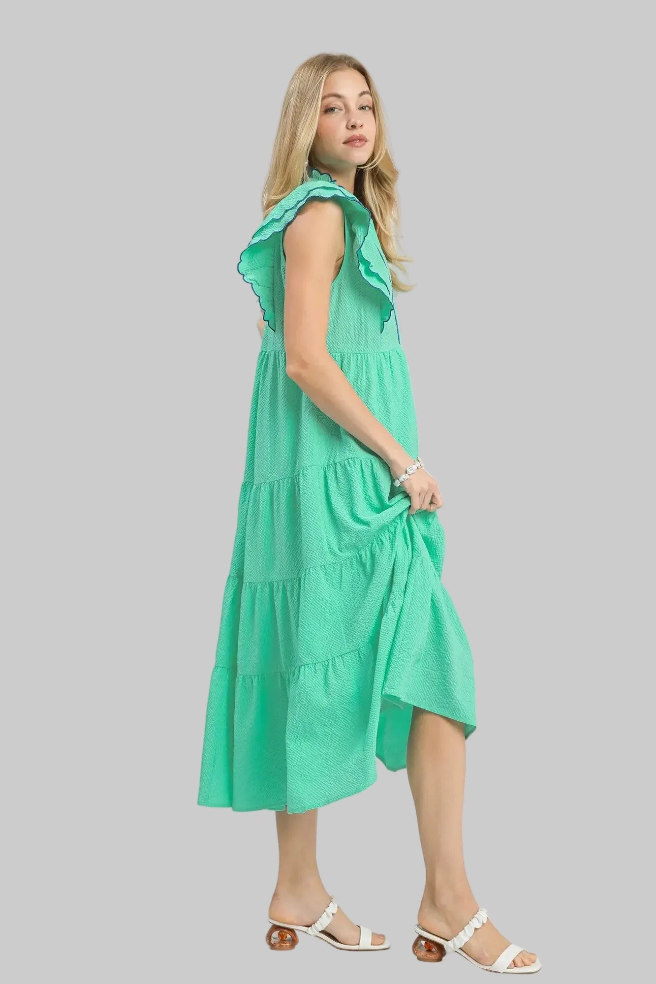 Sallie Seersucker Tiered Midi Dress ~ Mint