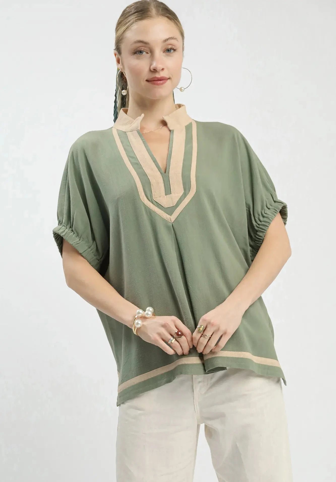 Chloe V Neck Linen Top ~ Sage