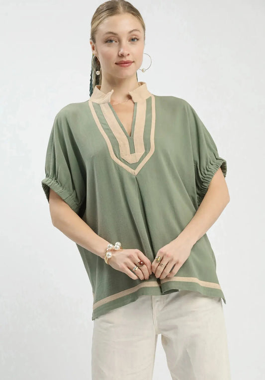 Chloe V Neck Linen Top ~ Sage