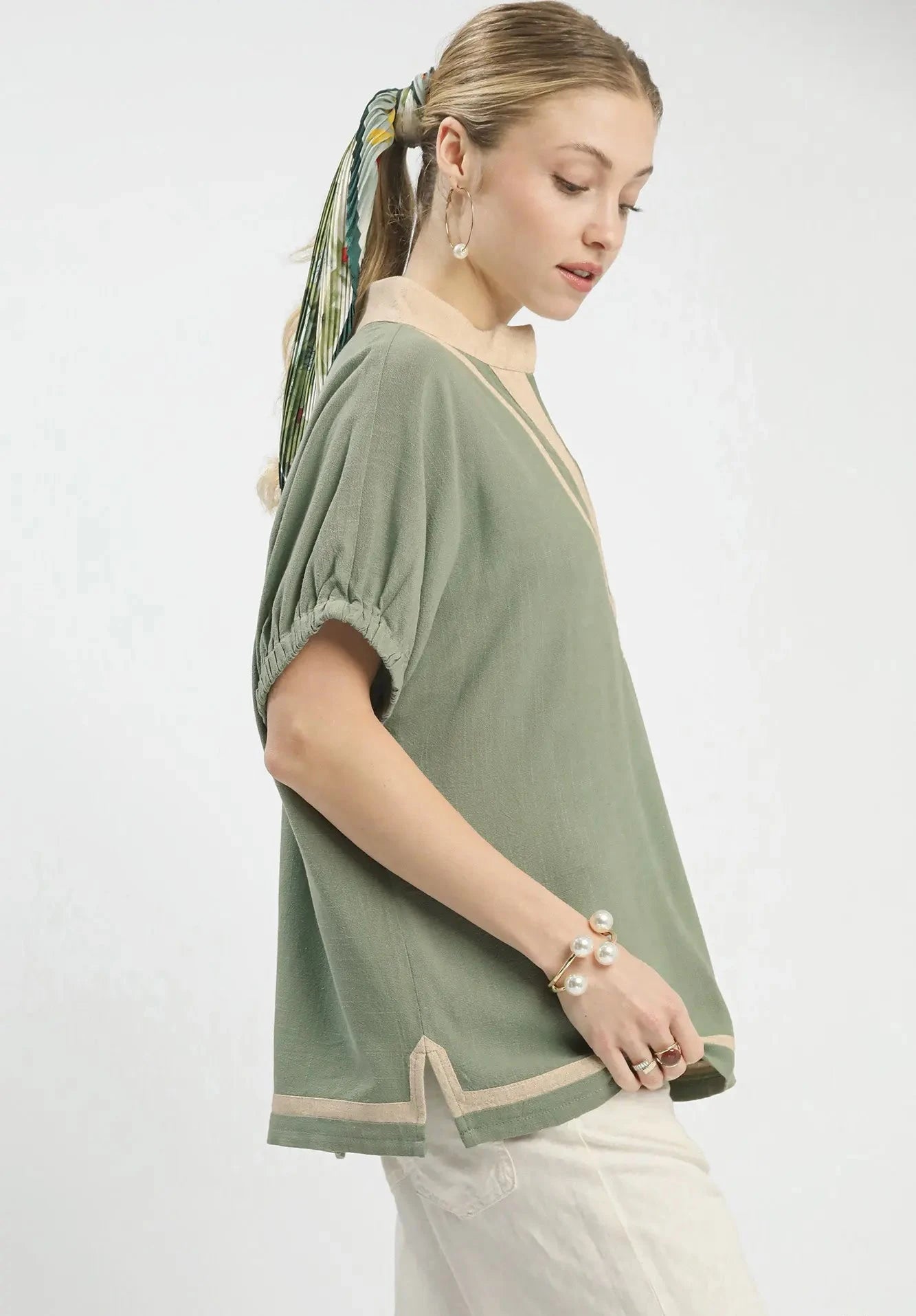 Chloe V Neck Linen Top ~ Sage