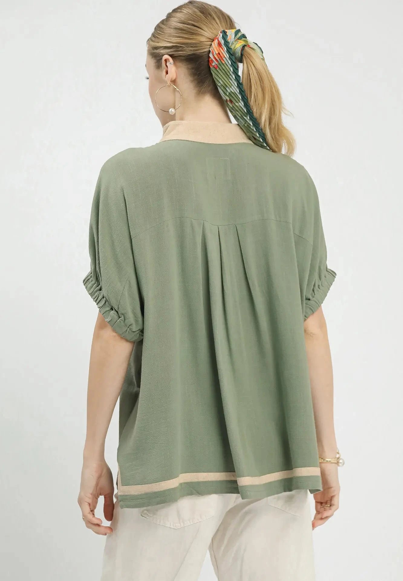 Chloe V Neck Linen Top ~ Sage