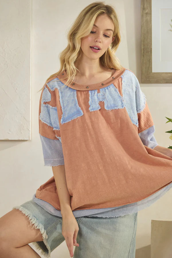 Shan Star Patch Fish Net Sleeve & Hem Top ~ Salmon