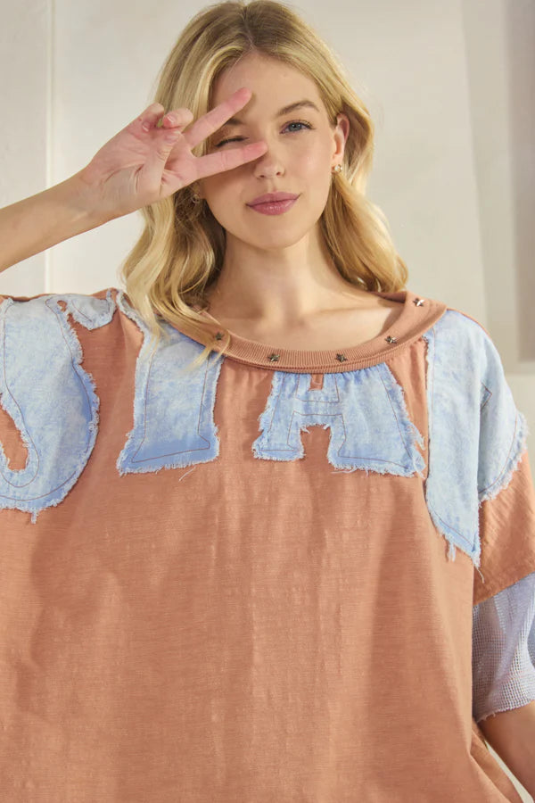 Shan Star Patch Fish Net Sleeve & Hem Top ~ Salmon