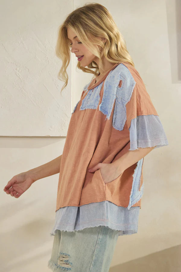 Shan Star Patch Fish Net Sleeve & Hem Top ~ Salmon