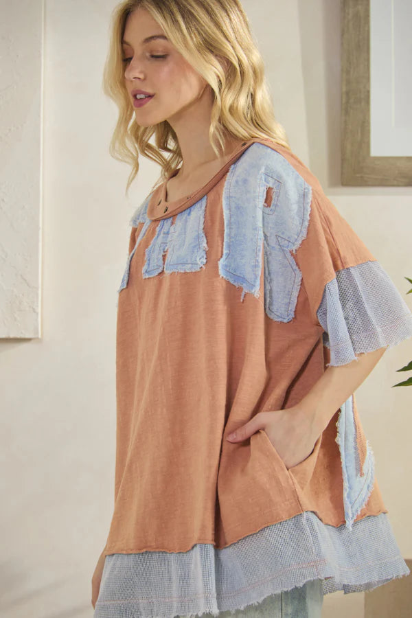 Shan Star Patch Fish Net Sleeve & Hem Top ~ Salmon