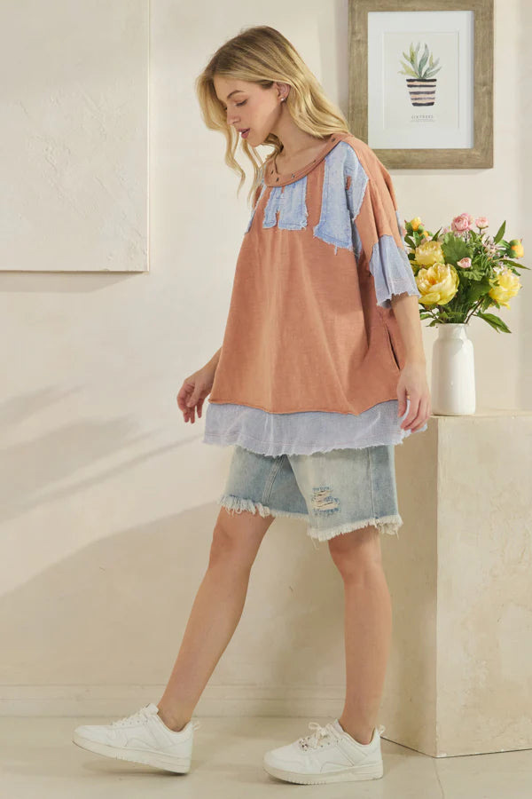 Shan Star Patch Fish Net Sleeve & Hem Top ~ Salmon