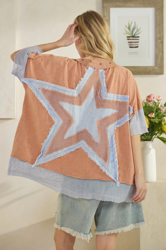 Shan Star Patch Fish Net Sleeve & Hem Top ~ Salmon