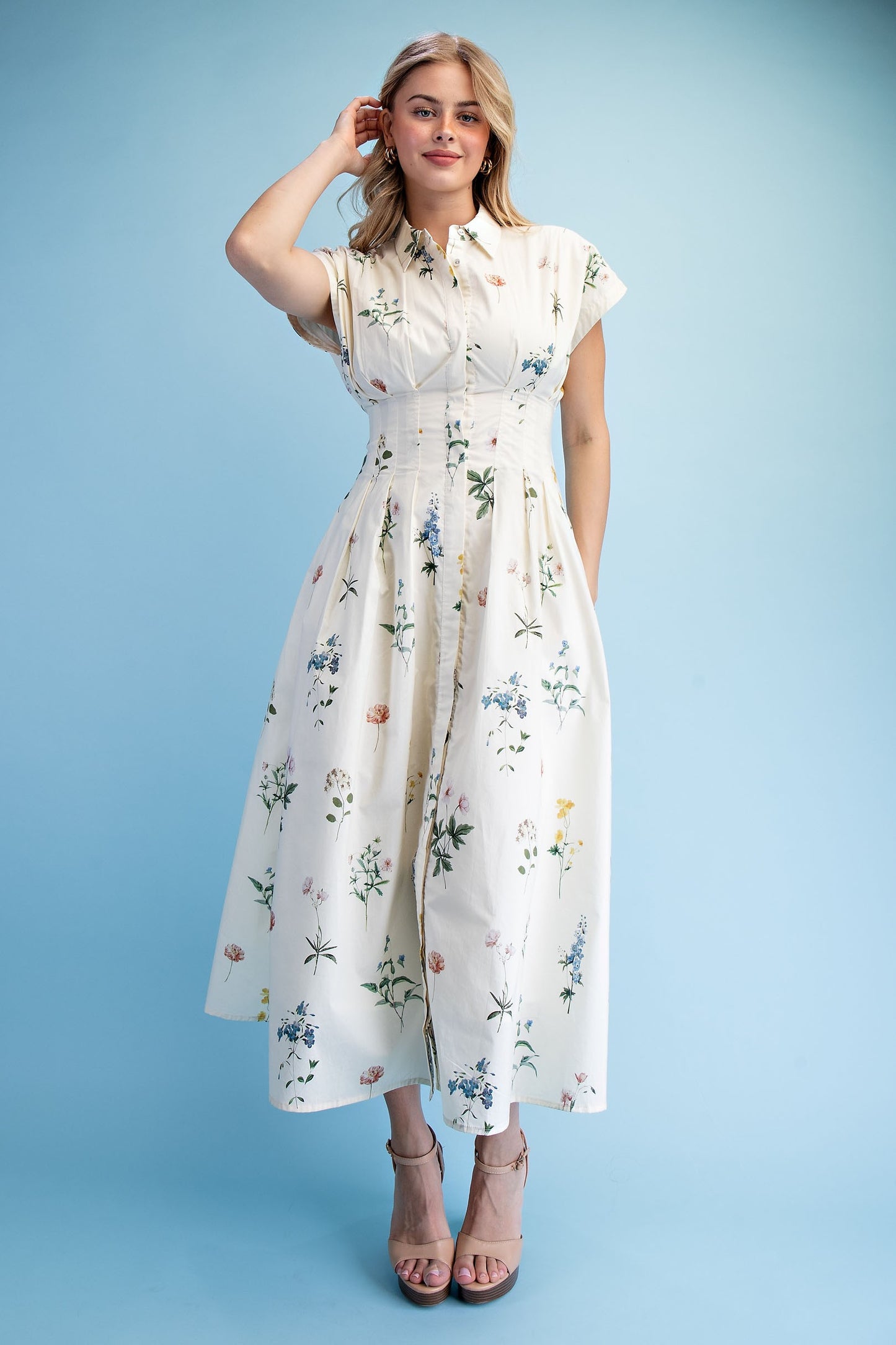 Felicity Floral Midi Shirt Dress ~ Vanilla