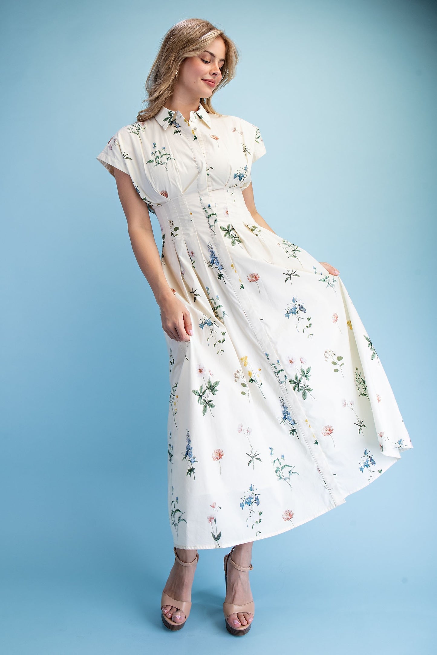 Felicity Floral Midi Shirt Dress ~ Vanilla