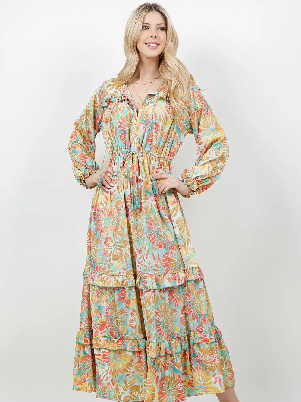 Island Breeze Print Ruffle Maxi Dress ~ Gold Metallic