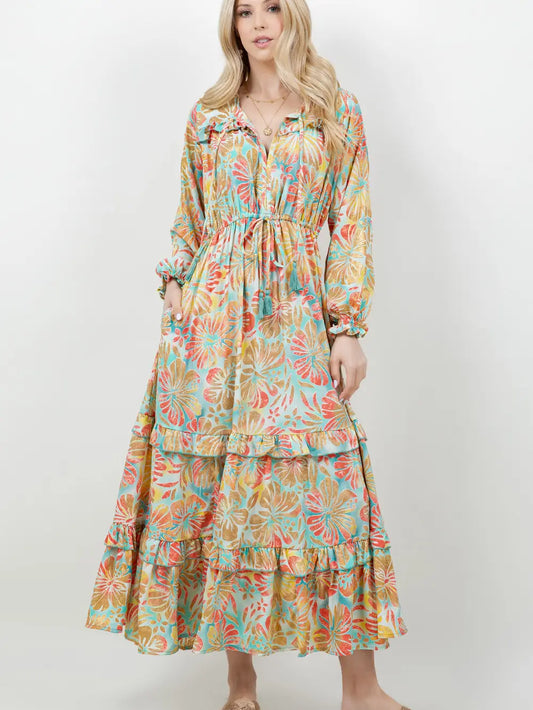 Island Breeze Print Ruffle Maxi Dress ~ Gold Metallic