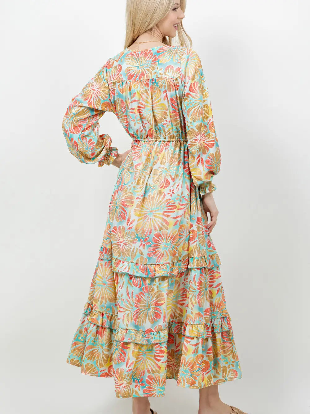 Island Breeze Print Ruffle Maxi Dress ~ Gold Metallic