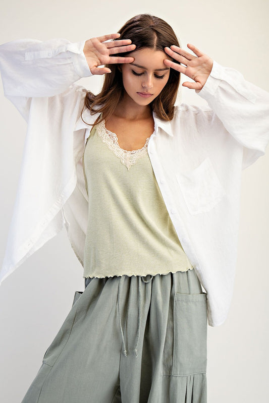 Sophie Soft Linen Blanded Button Up Shirt ~ White