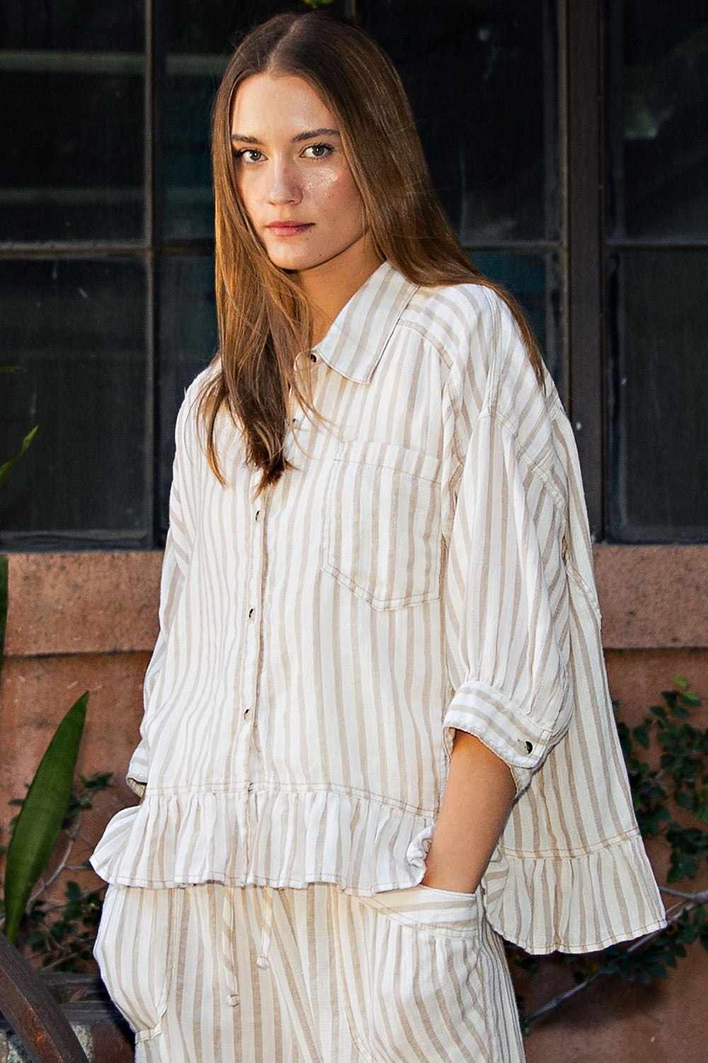 Bailey Striped Button Up Shirt ~ Taupe/Natural